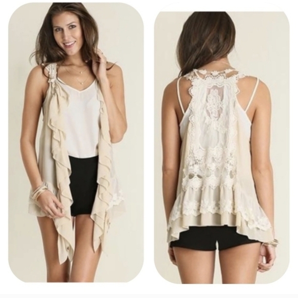 Umgee Romantic Cream Crochet Ruffle Boho Bohemian Waterfall Vest Size M/L - Picture 1 of 9